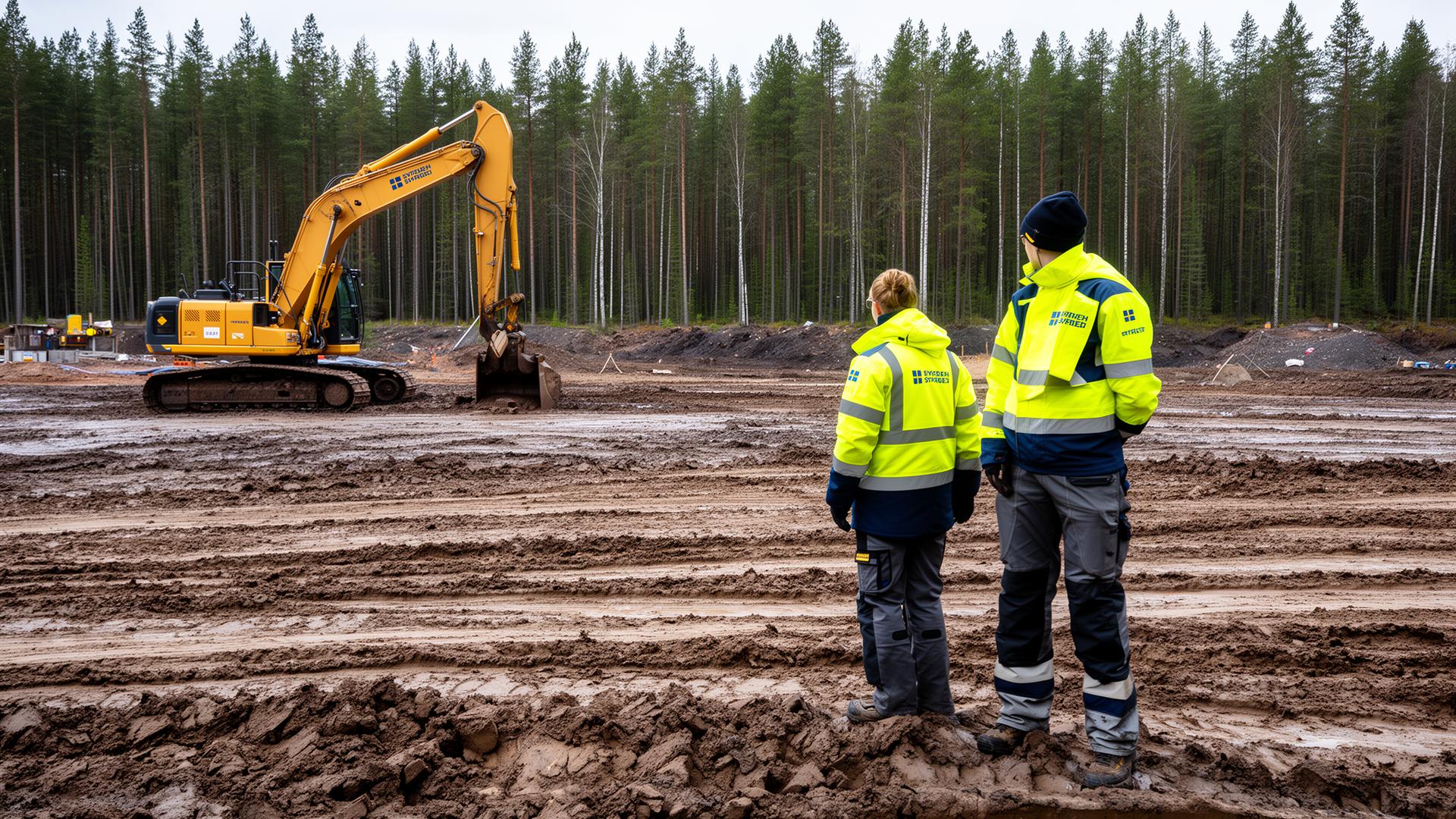 Arbetare på arbetsplats med grävmaskin